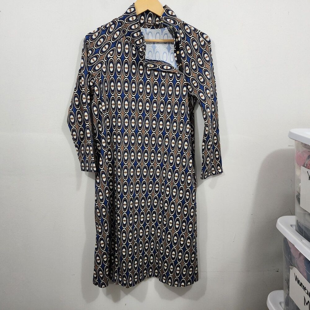 J. McLaughlin Christabel Dress Brown Blue Circle 3/4 Sleeve Mod Catalina Size S